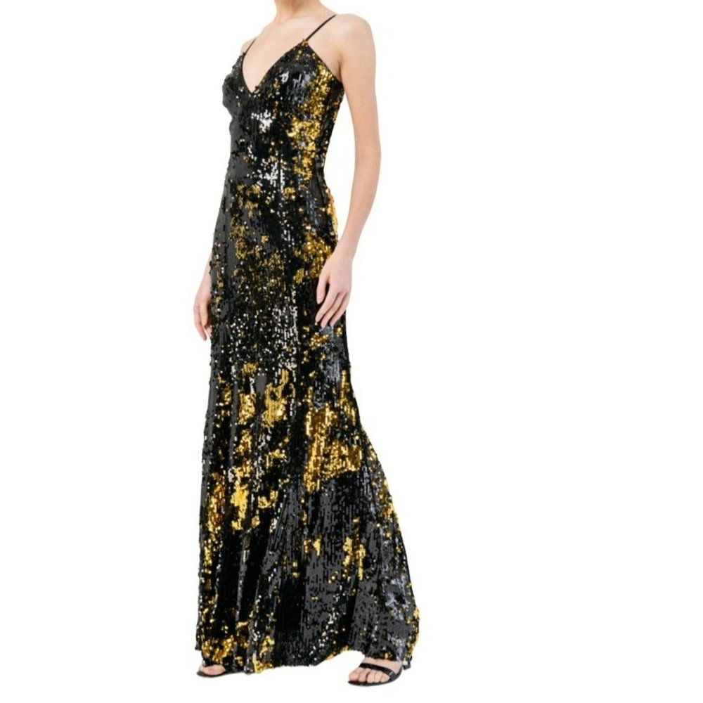 KikiRiki Sleeveless Sequin V-Neck Maxi Dress Black Gold Size Small NWT